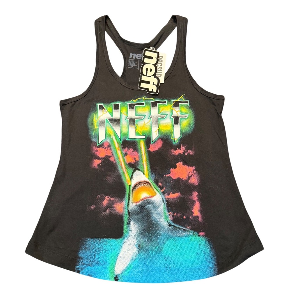 NEFF Tank Top Black Shark Laser Graphic Retro Skate‎ Surf XS Womens